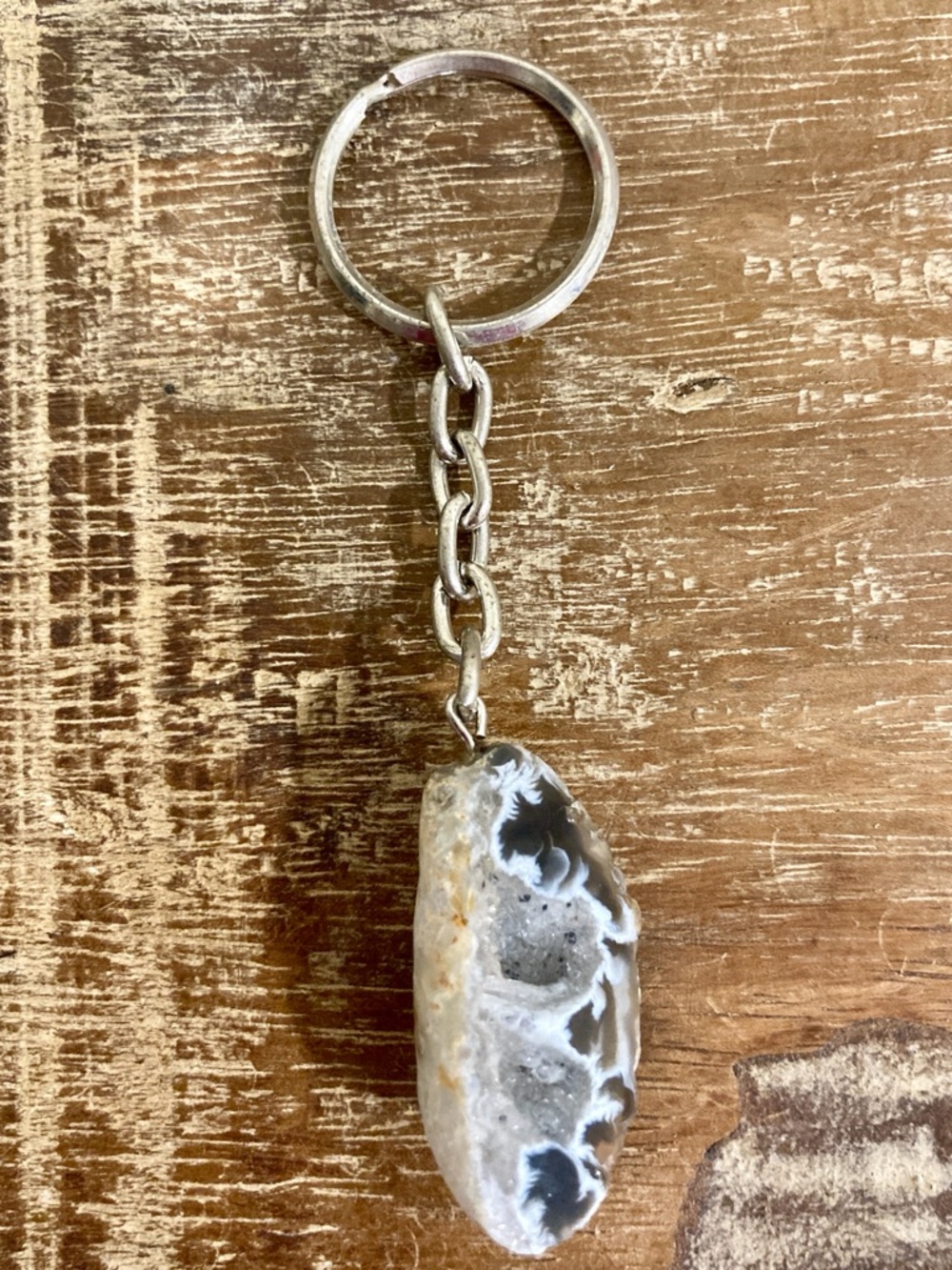 Small Geode Keychain  Black & White Stone with Crystals